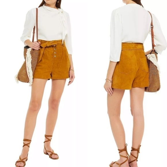 BA&SH Liam Belted Goat Suede Button Fly Shorts Camel Brown Size 1 US S/4 - Picture 1 of 15